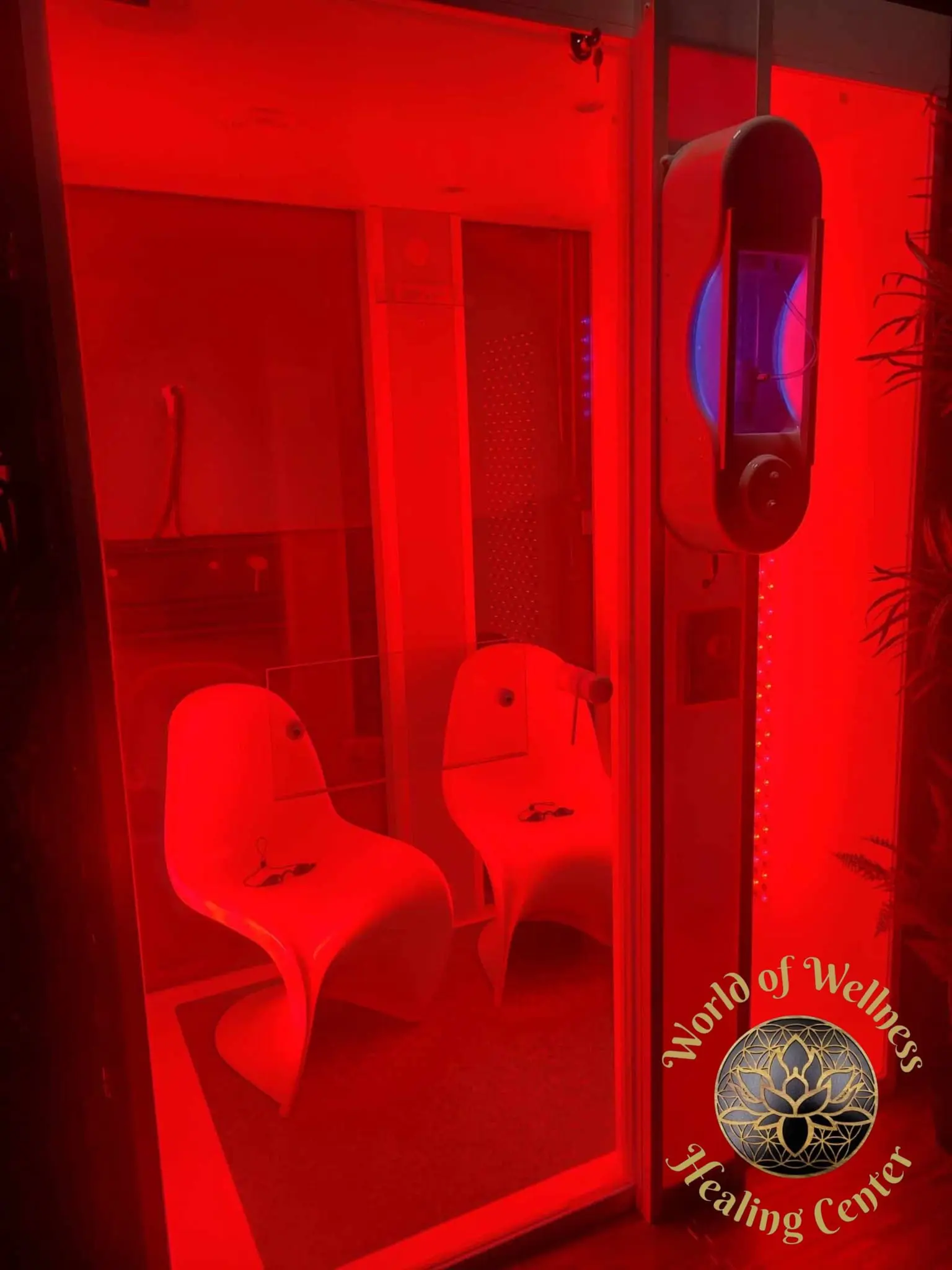A warm, red-lit halotherapy salt room showing the tranquil environment for 20 and 30-minute sessions.