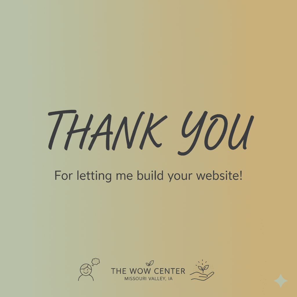 A professional thank you graphic from Jamison at Leesley Films, celebrating the website design for Jo Grimes and The WOW Center in Missouri Valley, IA.